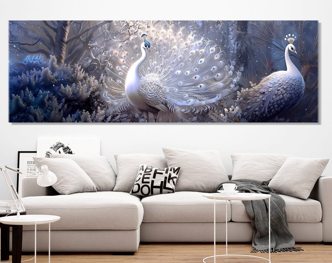 White Peacocks Fantasy Winter Forest Panoramic Wildlife Art Poster