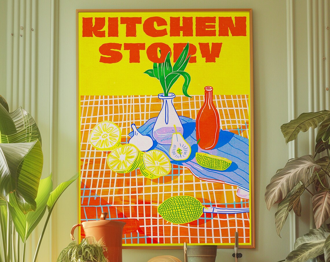 Kitchen Story Retro Yellow Still Life Citrus Fruit Table Poster