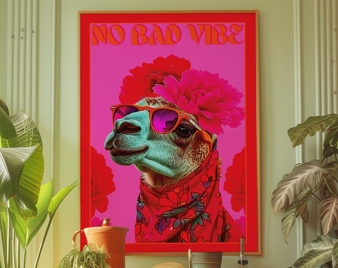No Bad Vibe Psychedelic Camel Sunglasses Funny Animal Poster