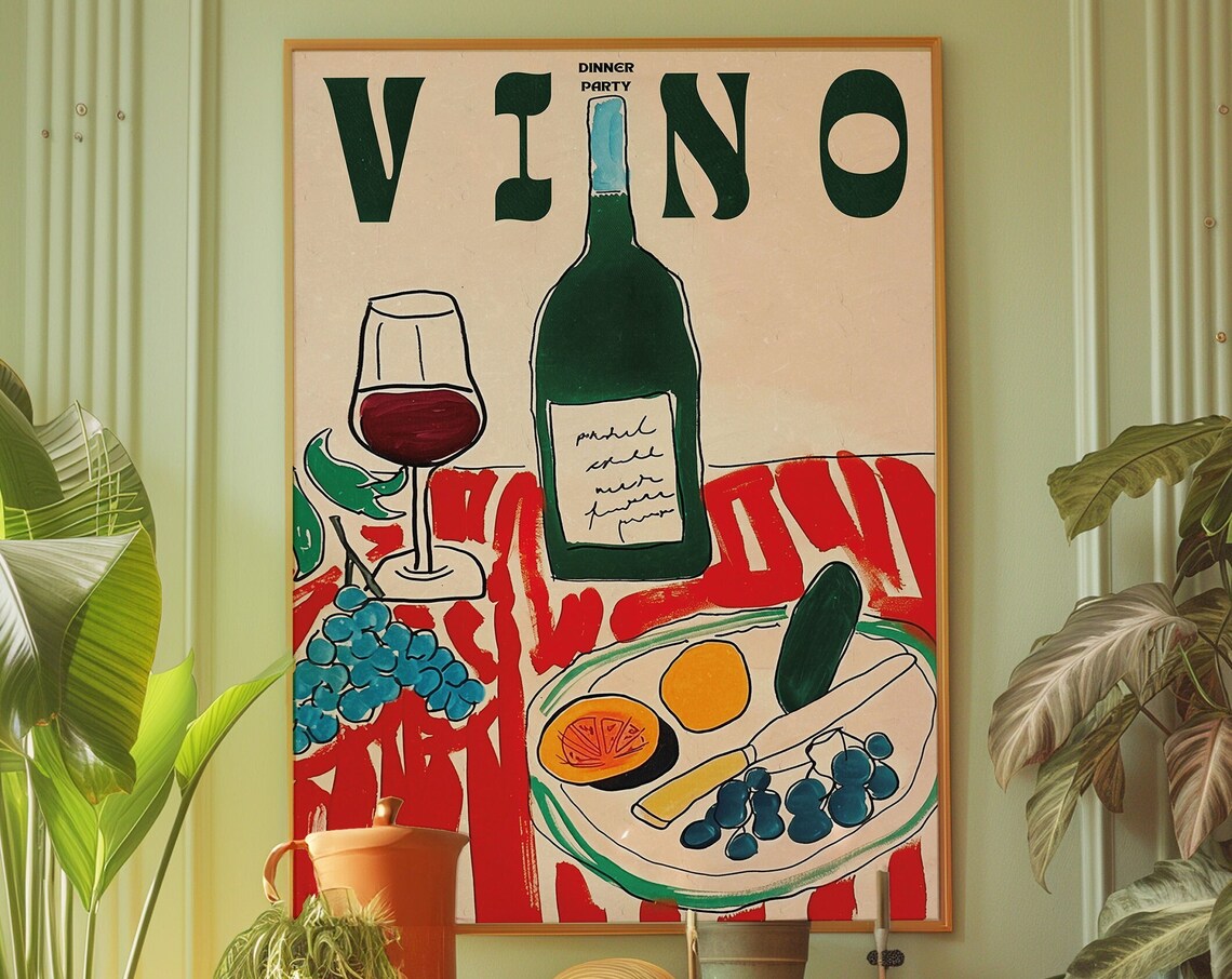 Vino Dinner Party Retro Kitchen Art Print