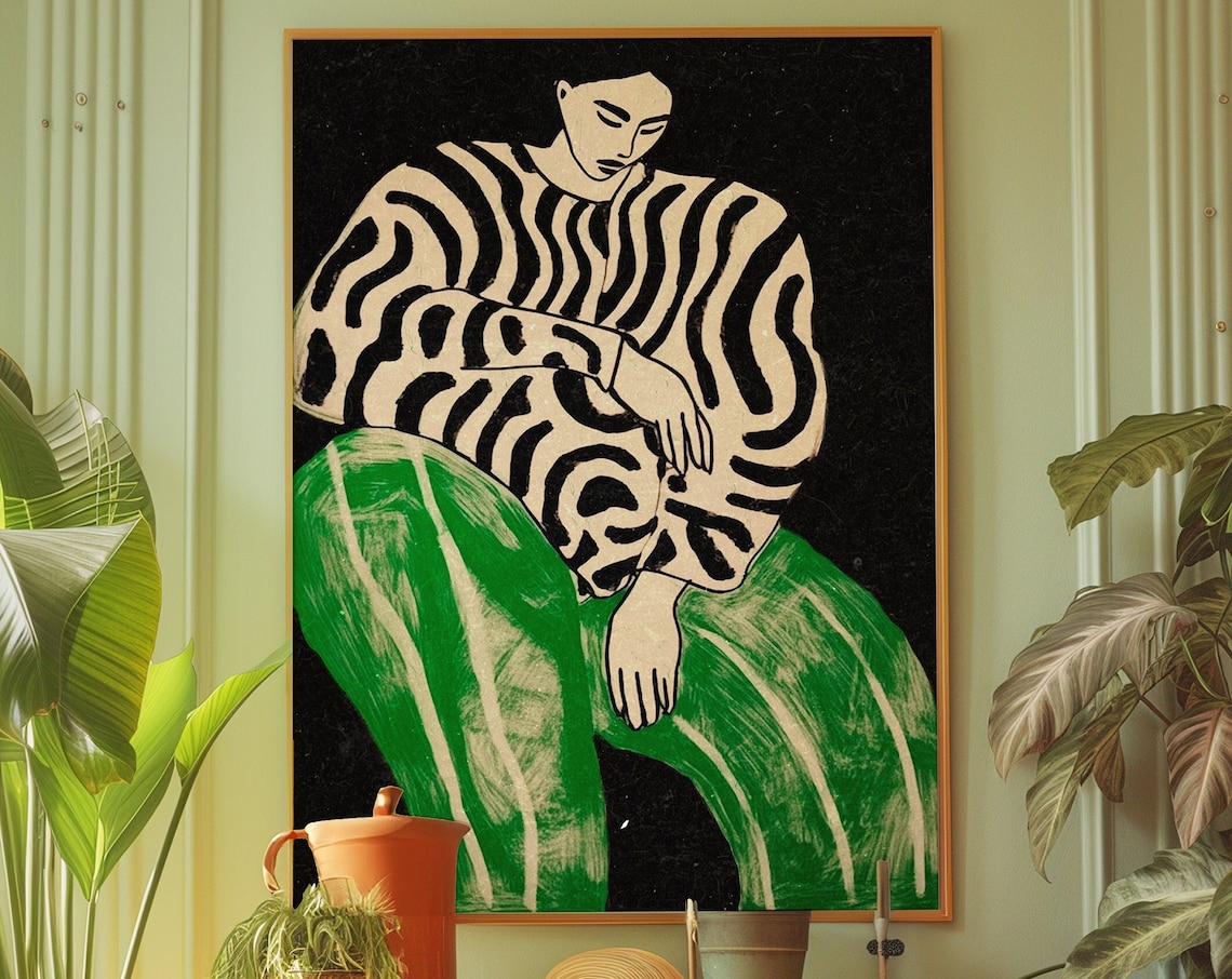 70s Woman Black Line Art Print, Retro Decor