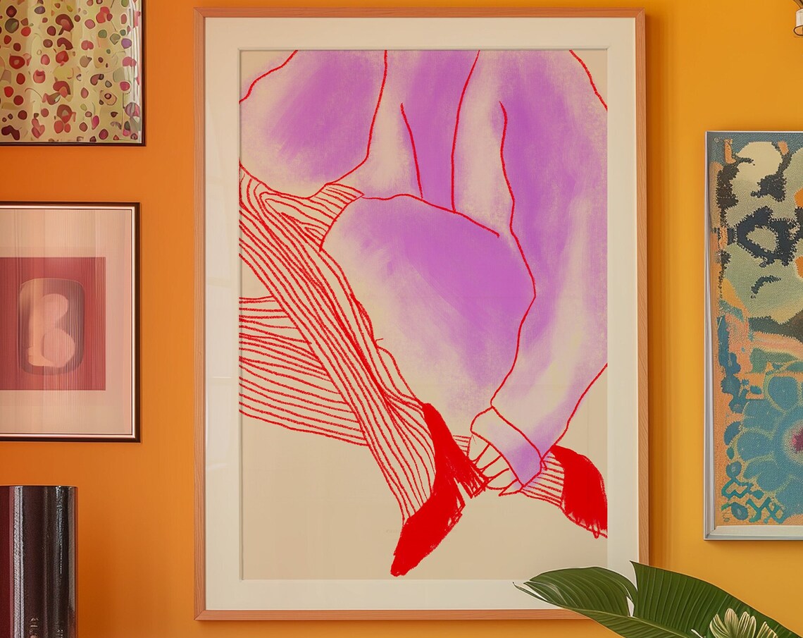 Red Line Art Woman Legs Retro Psychedelic Fashion Illustration Poster