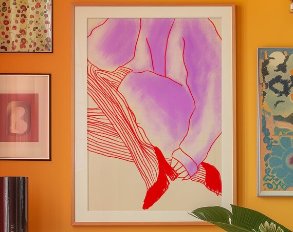 Red Line Art Poster 70s Wall Print Trendy Woman Shoes Psychedelic Retro Trippy