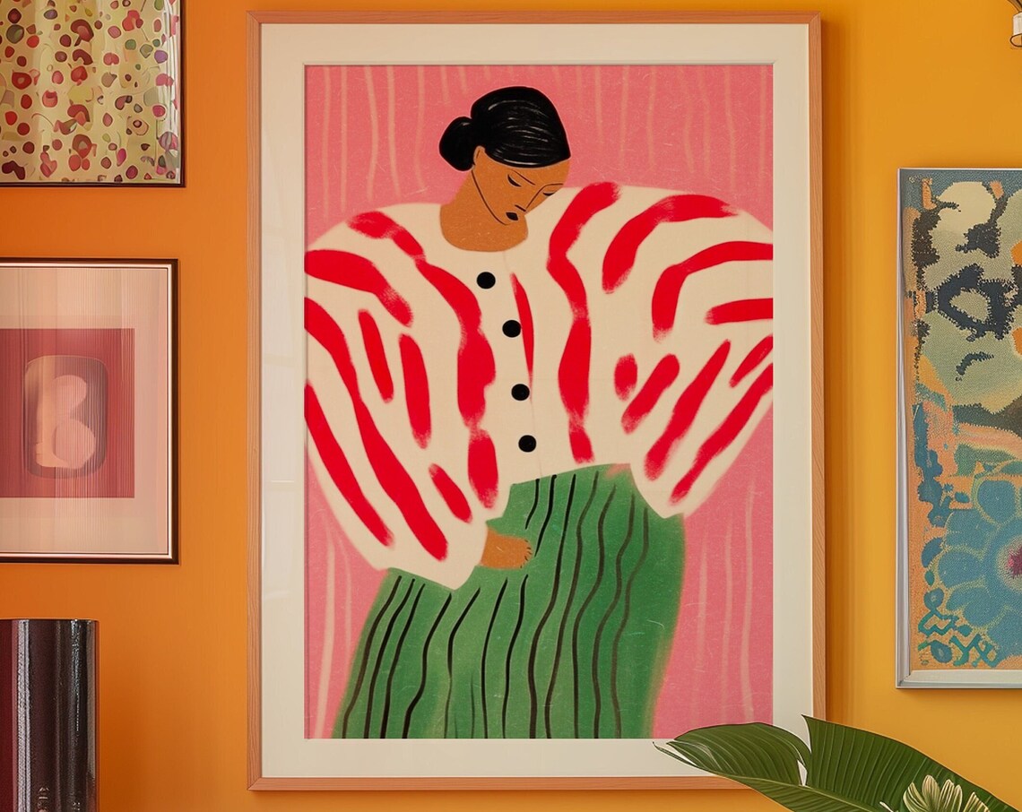 Red Line Art Woman Poster, 70s Retro Print