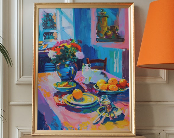 Matisse Style Cat Art Print Eclectic Kitchen Still Life