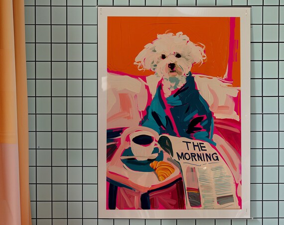 Fluffy White Dog Reading Morning Newspaper With Coffee Art Print