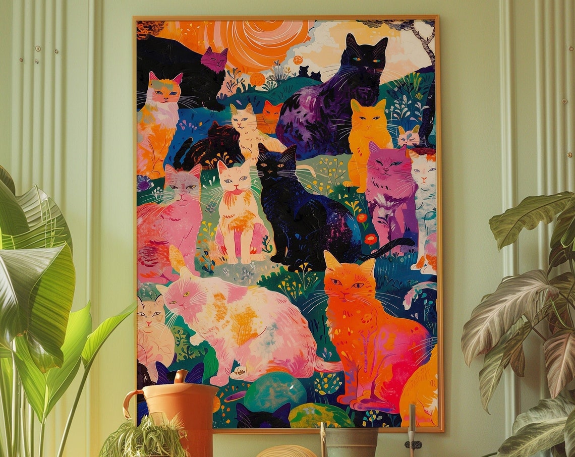 Psychedelic Colorful Cats Garden Party Whimsical Decor Poster