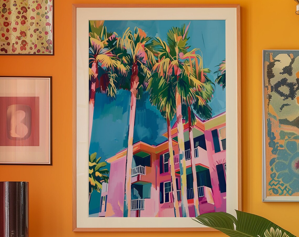 Pink Palm Tree Art Print Eclectic Tropical Wall Decor