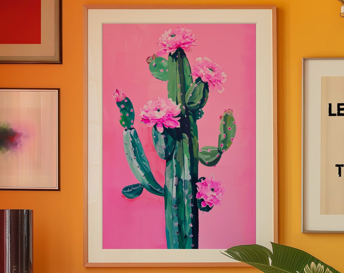 Pink Blooming Cactus Flowers Bold Maximalist Botanical Wall Art