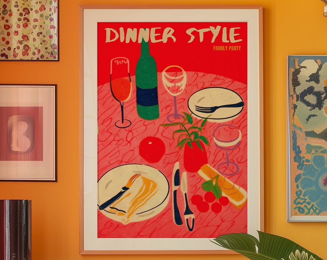 Dinner Style Family Party Retro Table Illustration Kitchen Poster
