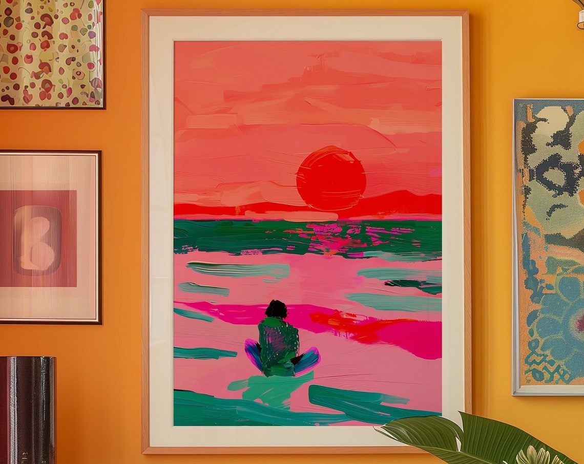 Sunset Beach Surfer Red Sun Maximalist Psychedelic Ocean Poster