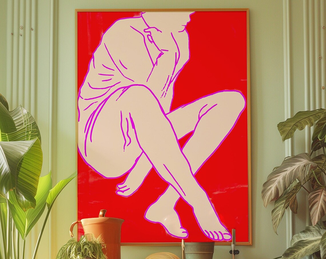 Red Woman Body Art Poster Trendy Psychedelic Print