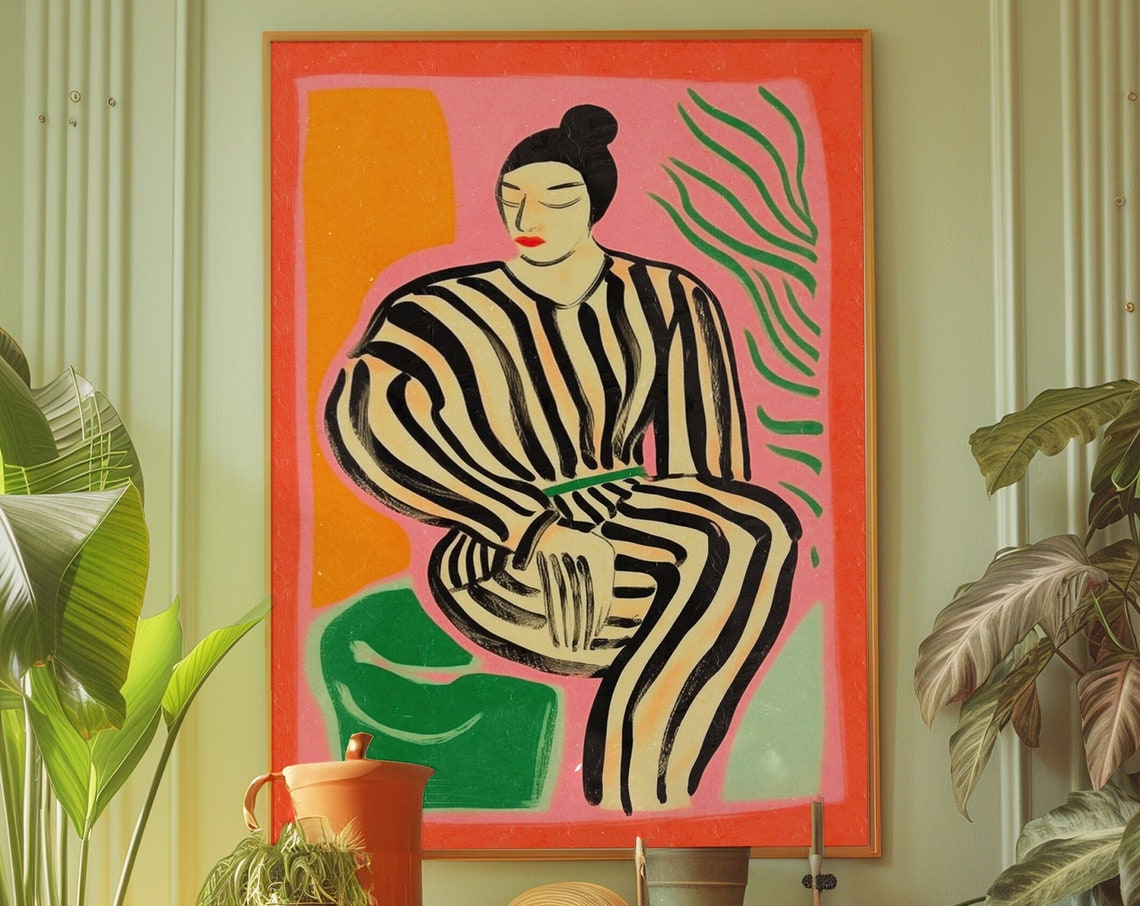 Matisse Style Seated Woman In Stripes Pink And Orange Poster