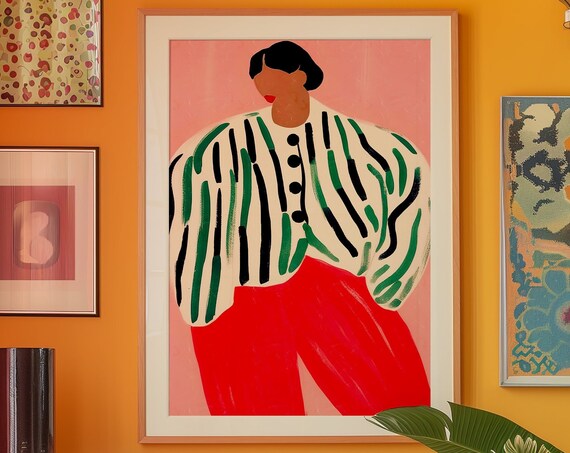 Red Wall Art Trendy Woman Poster Eclectic Retro Print