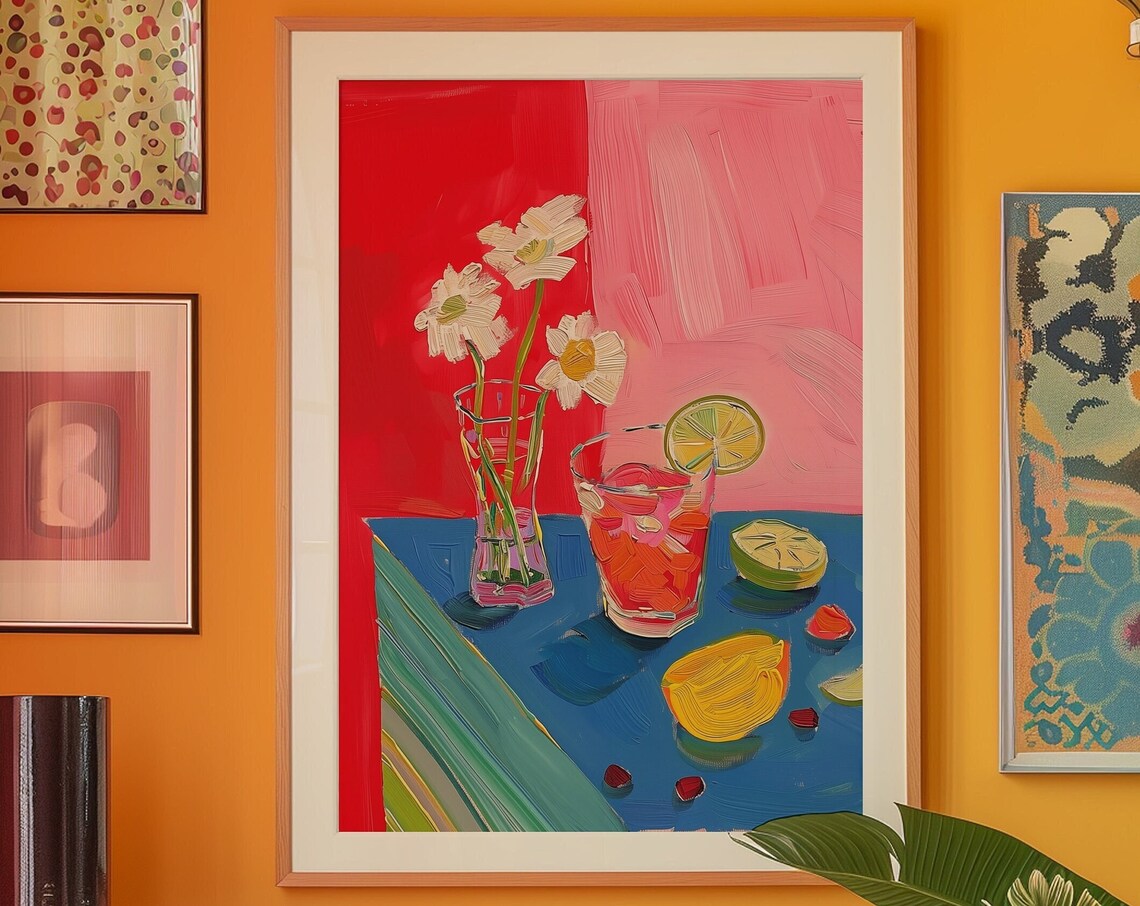 Red Cocktail Still Life Poster with Daisies and Fresh Citrus