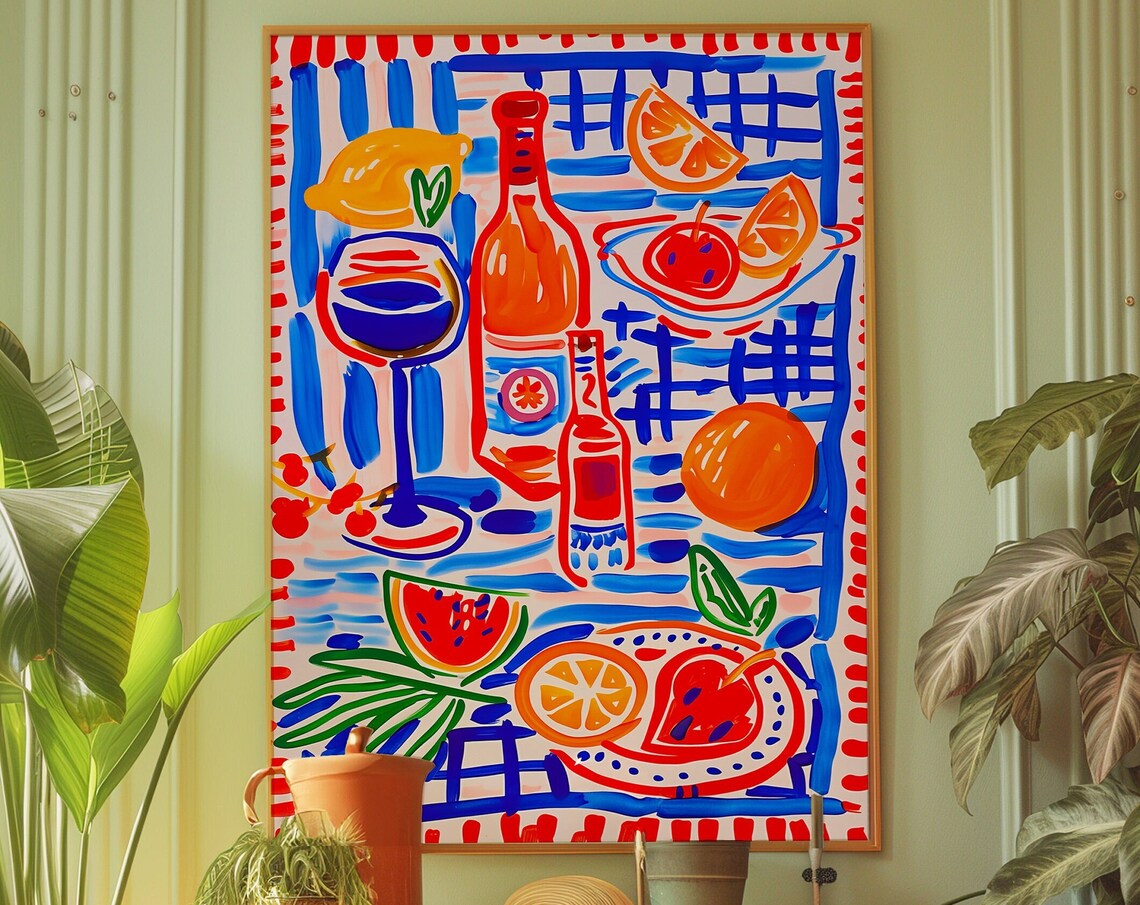 Colorful Food Still Life Print With Wine and Citrus in Red Blue