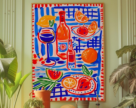 Colorful Food Still Life Print With Wine and Citrus in Red Blue