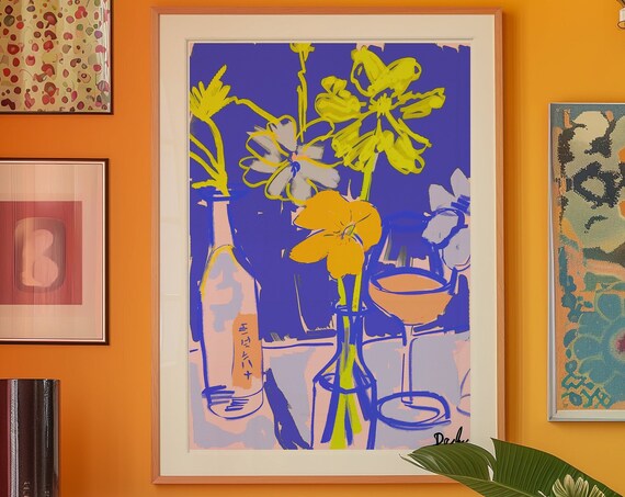 Vibrant Pop Art Floral Still Life With Wine Bottle And Glass Poster