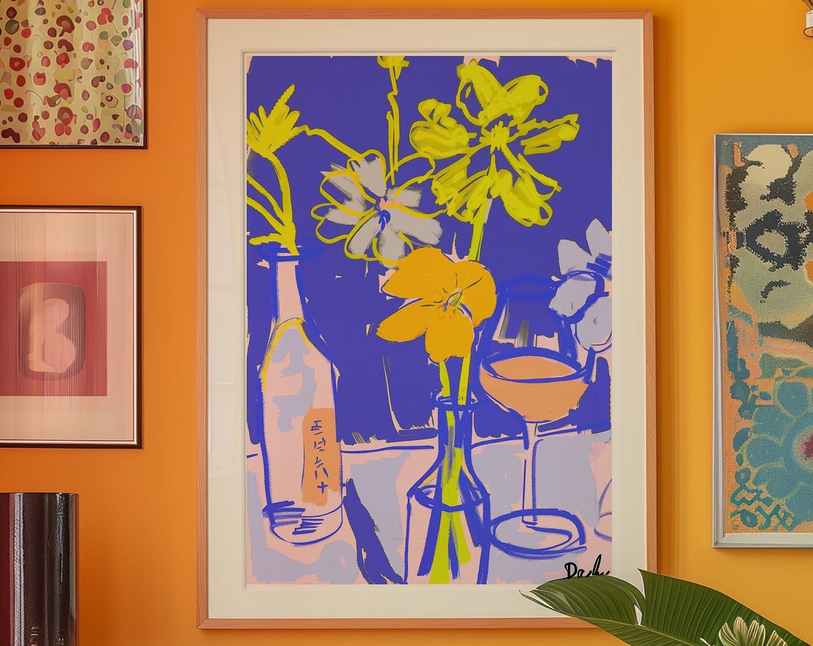 Vibrant Pop Art Floral Still Life With Wine Bottle And Glass Poster