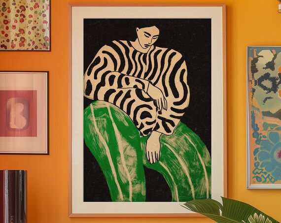 Trendy Woman Art Print 70s Psychedelic Green Wall Decor