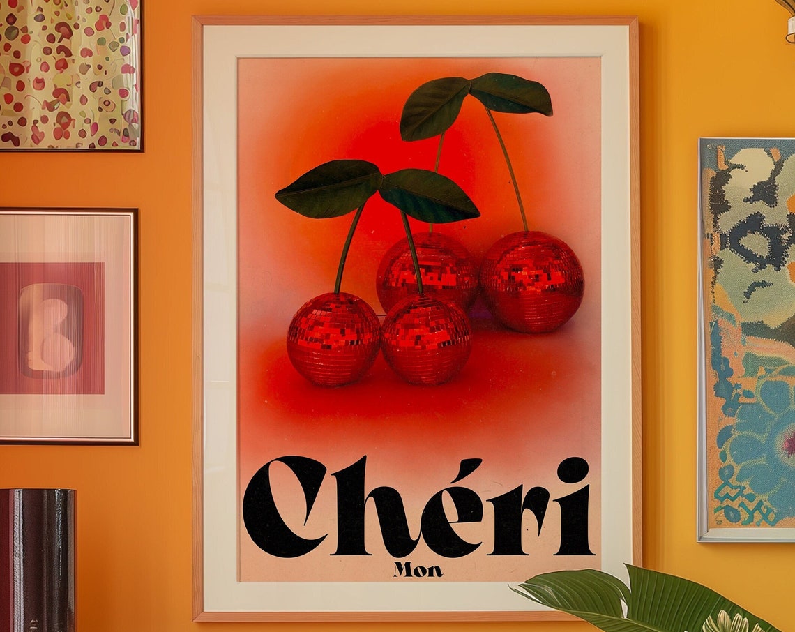 Mon Cheri Disco Ball Cherries Retro Pink Kitchen Wall Poster