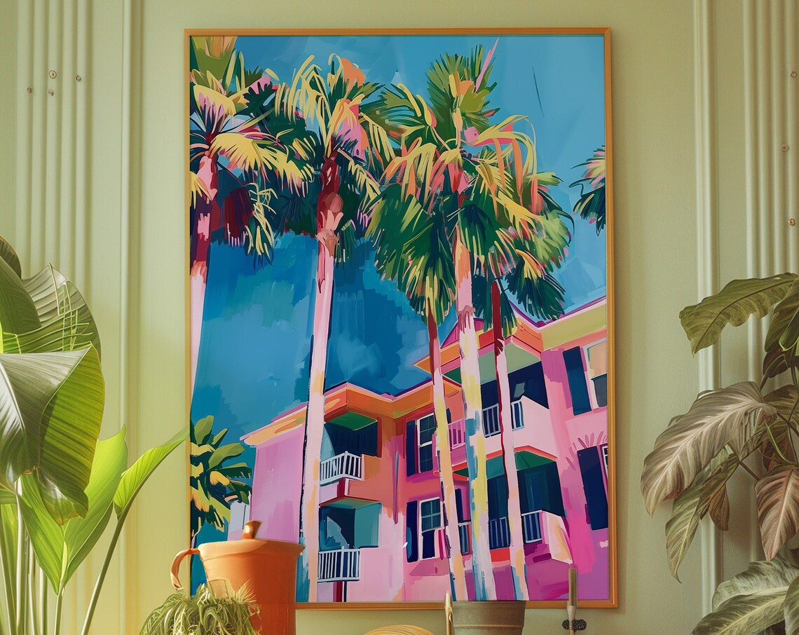 Pink Palm Tree Print Eclectic Maximalist Wall Art