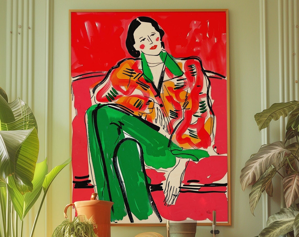 Red Sofa Seated Woman Matisse Style Modern Portrait Decor Poster