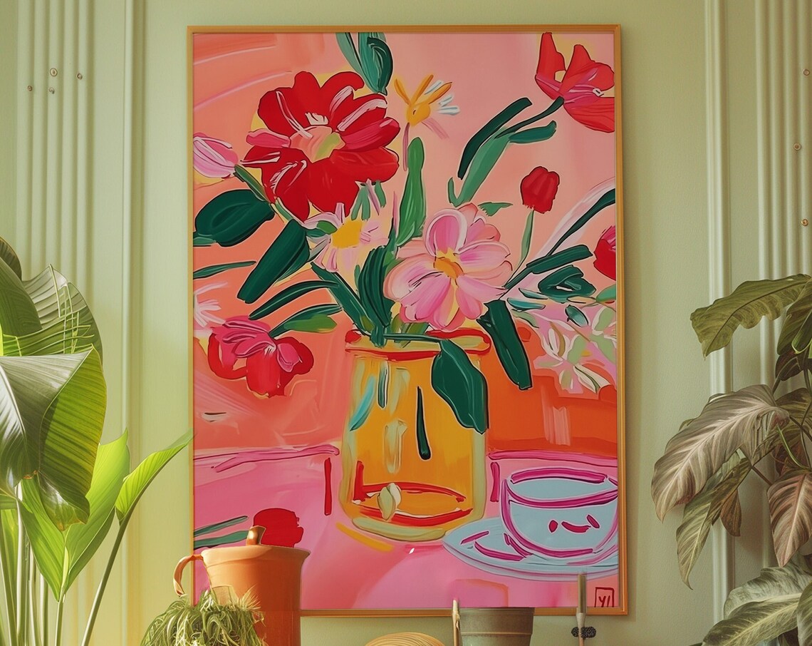 Retro Floral Still Life Poster Bold Pink Red Flowers in Vase Painting