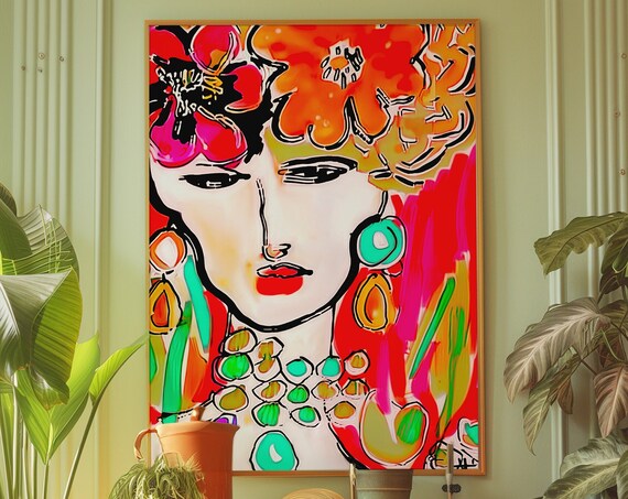 Red Woman Line Art Print Eclectic Psychedelic Y2k Decor