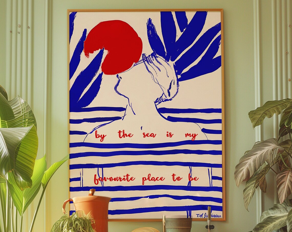 By The Sea Quote Poster Coastal Striped Woman Beach Wall Decor Art