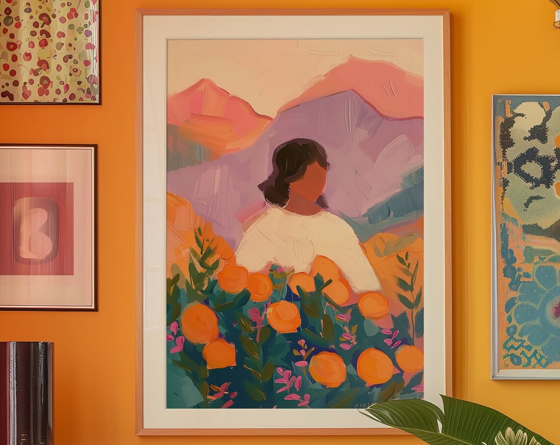 Woman Standing In Orange Grove 70s Retro Figurative Art Poster