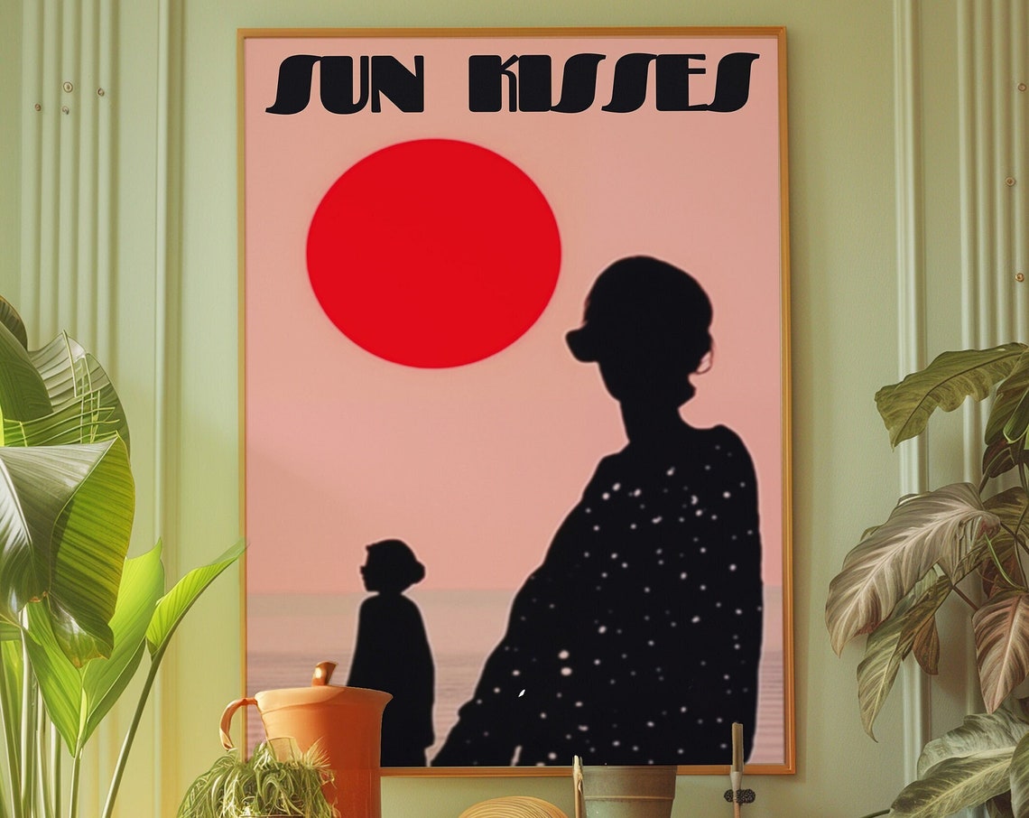 Retro Sun Kisses Red Sun Silhouette Beach Summer Sunset Wall Art