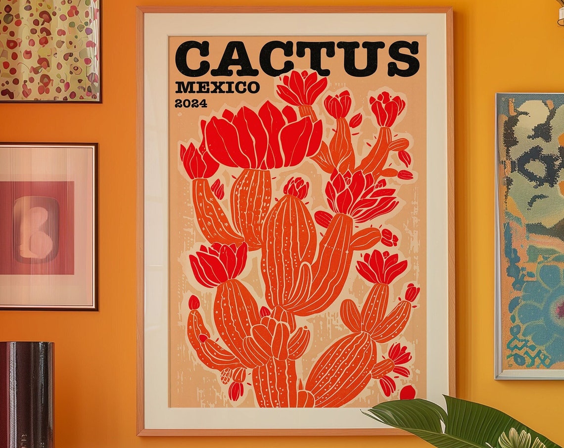 Cactus Mexico 2024 Retro Botanical Poster With Red Orange Blooms