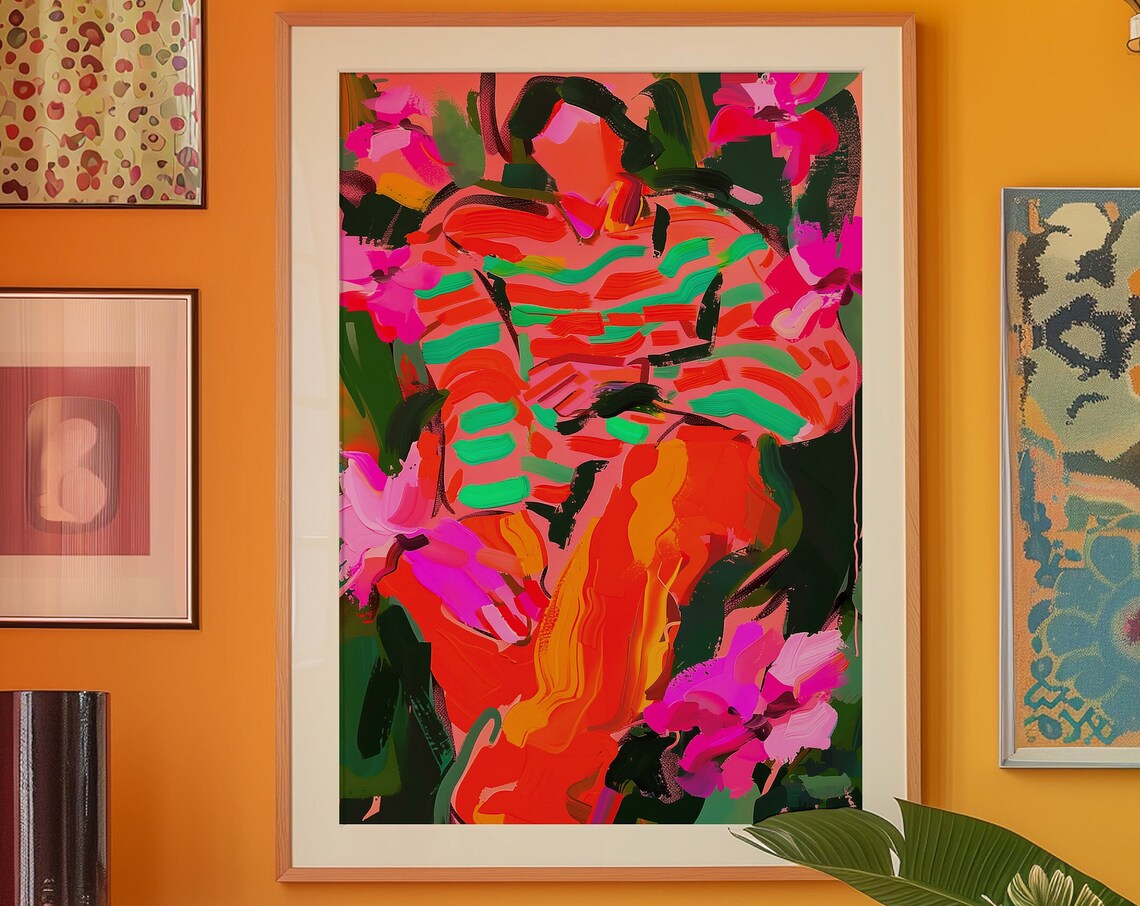 Bold Retro Abstract Woman Among Flowers 70s Style Art Print Decor
