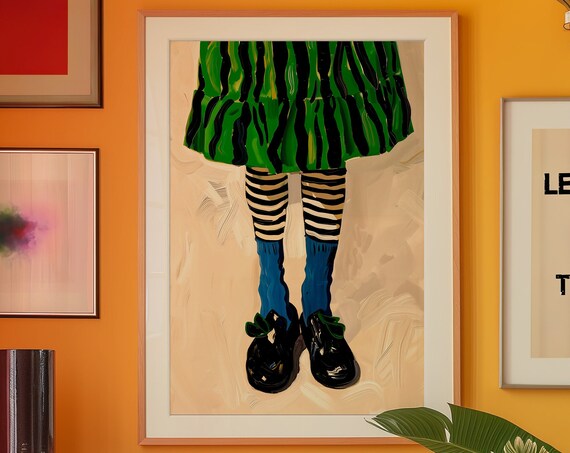 Green Stripe Fashion Legs Poster, Eclectic Retro Shoe Style Decor