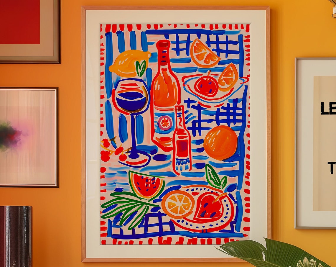 Kitsch Psychedelic Fruit Wine Still Life Bold Kitchen Art Poster