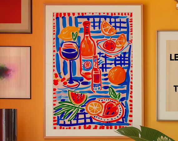 Kitsch Psychedelic Fruit Wine Still Life Bold Kitchen Art Poster