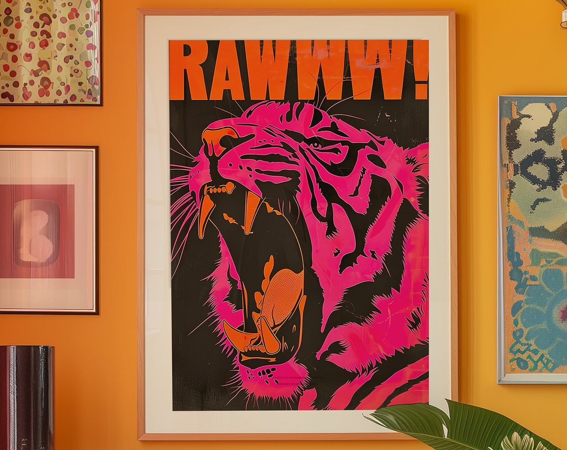 Roaring Neon Pink Tiger RAWWW Pop Art Maximalist Animal Poster