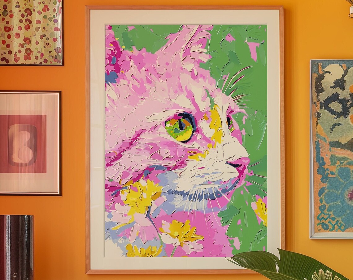 Pink Cat Pop Art Portrait Green Maximalist Decor Wall Poster