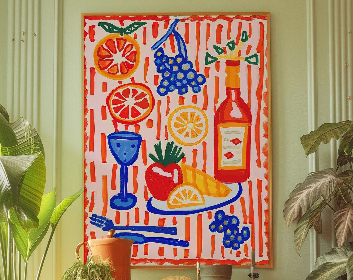 Retro Kitchen 70s Style Food Wine Art Print