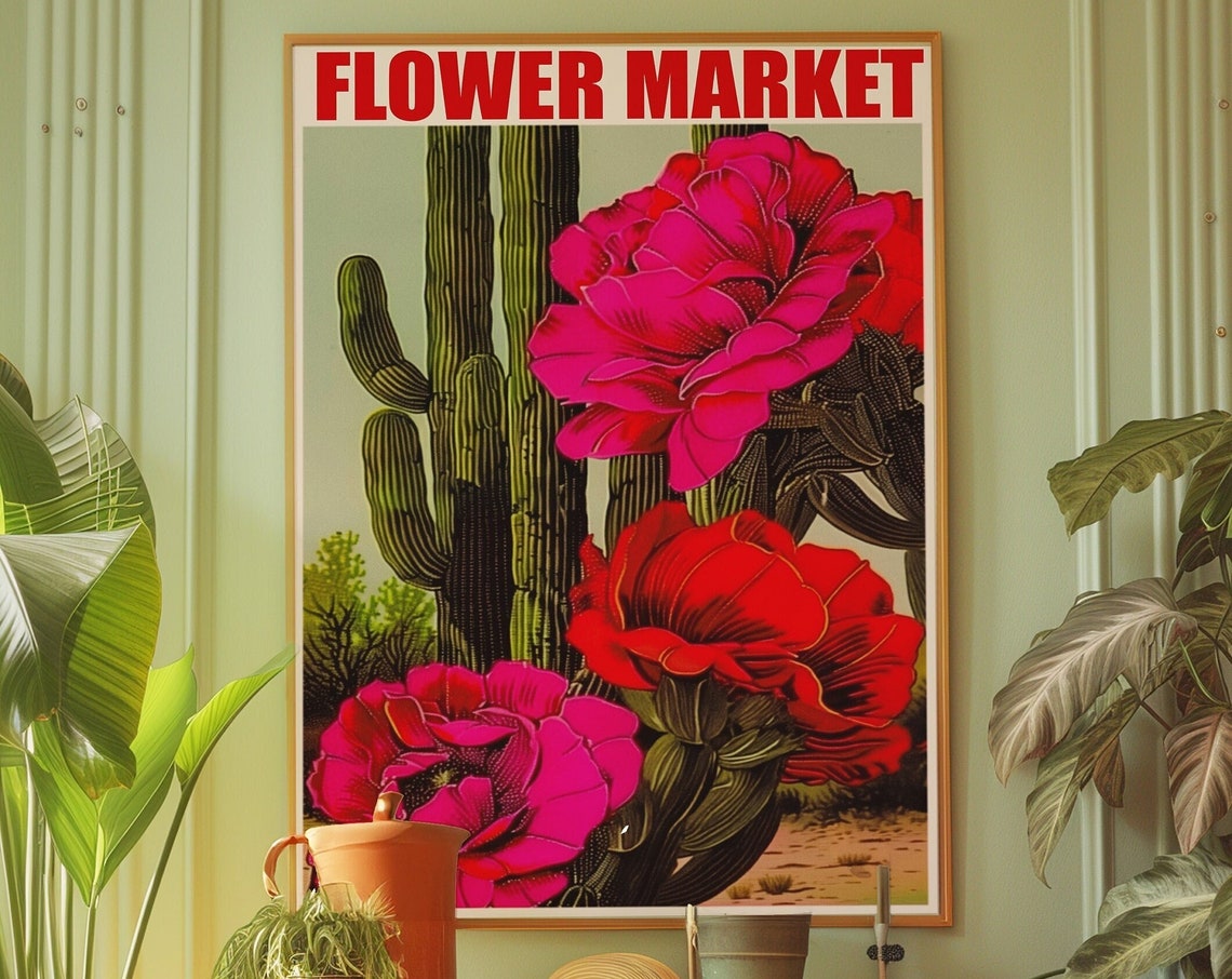 Flower Market Cactus Poster With Bold Pink And Red Cactus Blooms