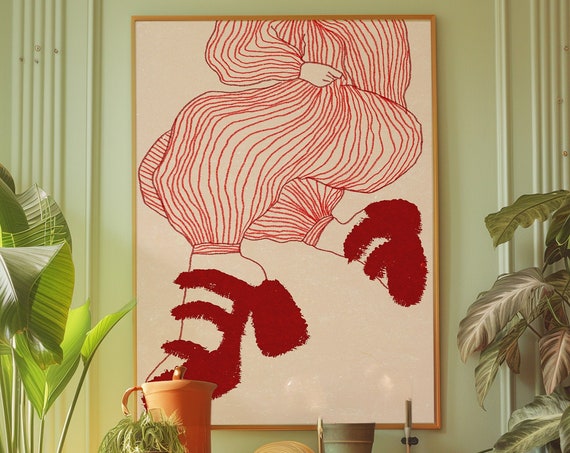 Red Line Art Woman Shoes Retro Poster