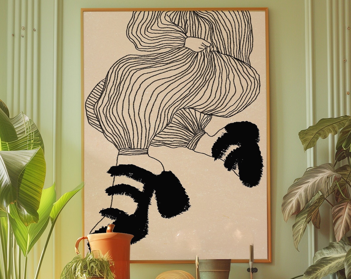 Abstract Black Line Woman Portrait 70s Retro Boho Minimalist Wall Art