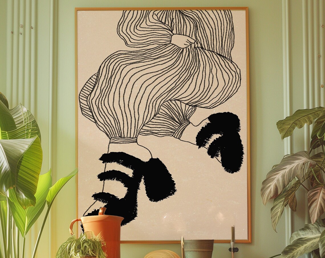 Black Line Art Woman Poster 70s Retro Style