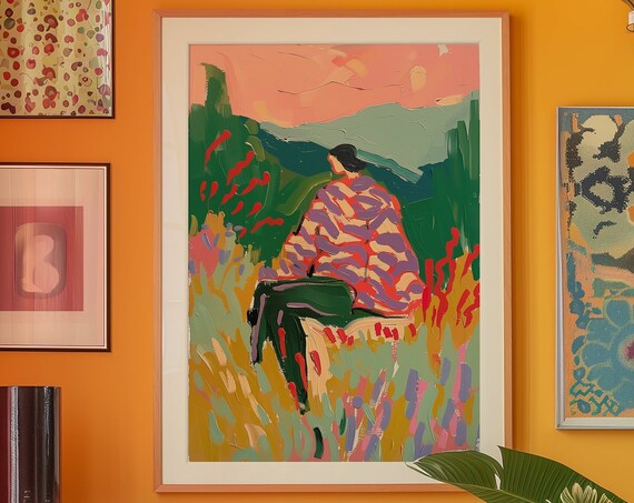 Woman Resting in Wildflower Field Colorful Expressionist Poster