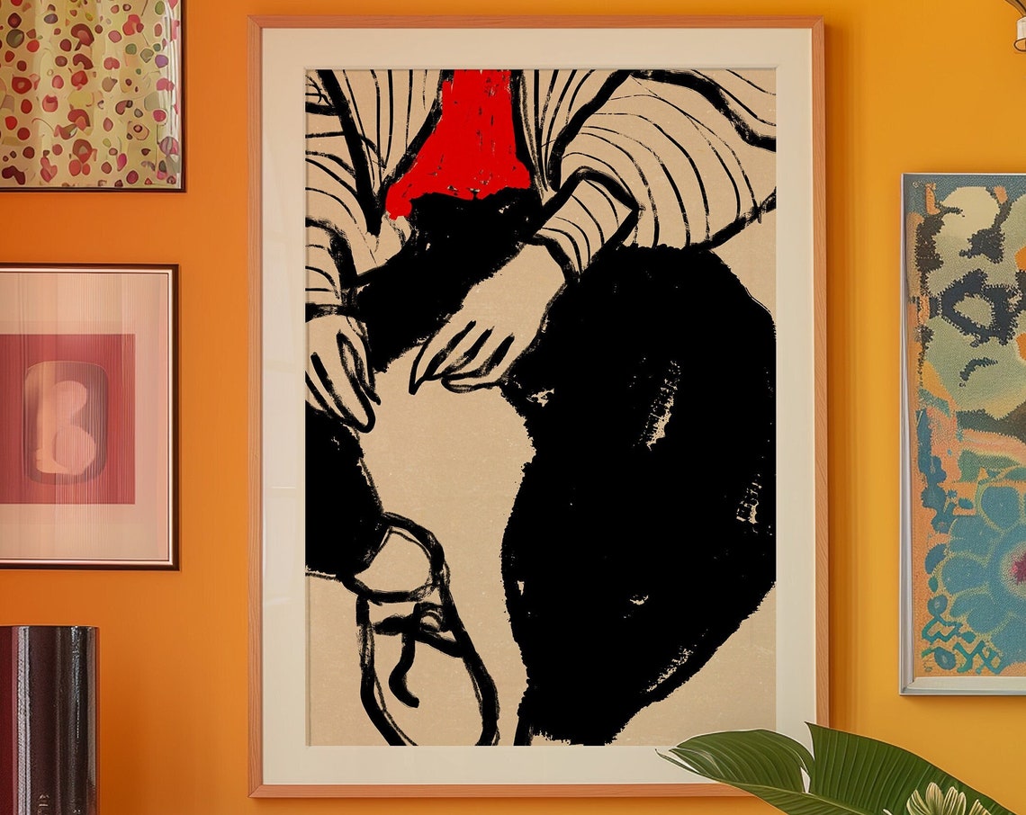 Bold Black Ink Figure Study With Red Accent 70s Style Poster