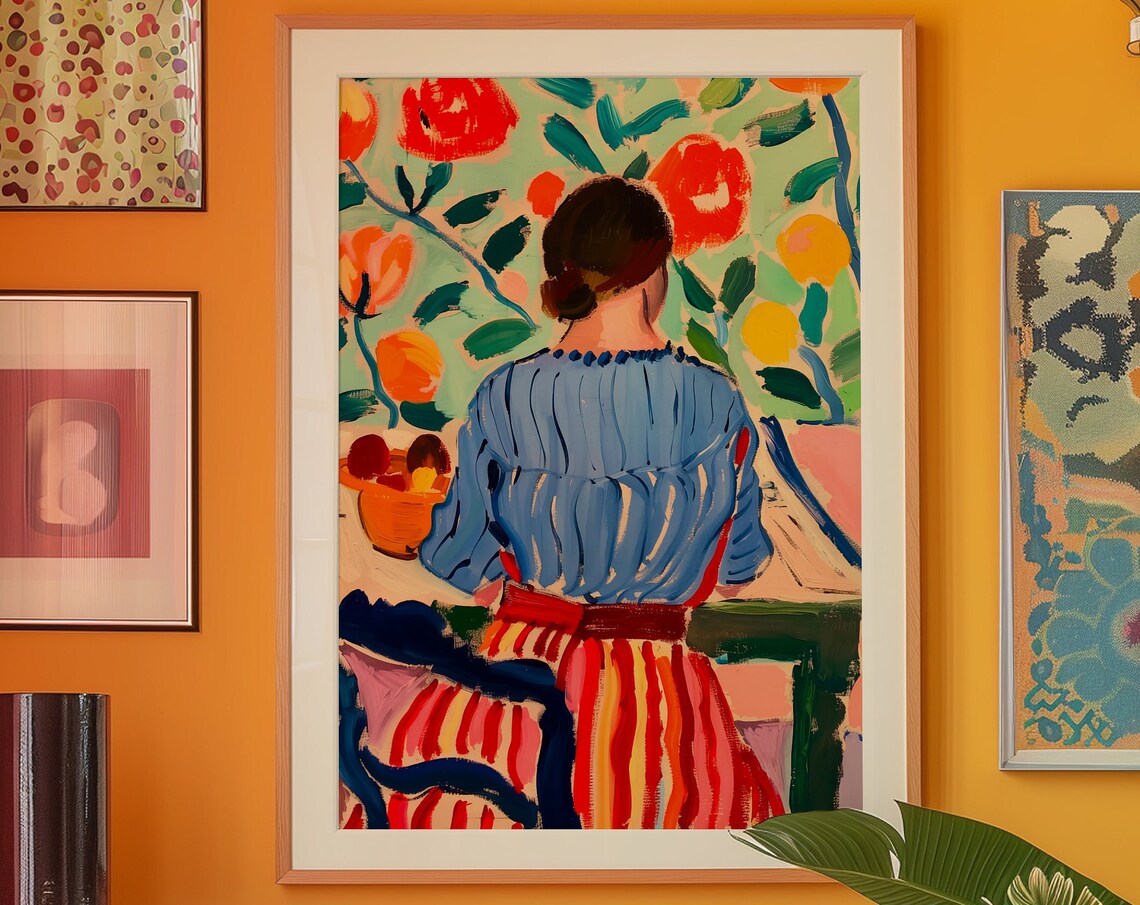 Colorful Woman Floral Garden Poster, Trendy Eclectic Maximalist Art