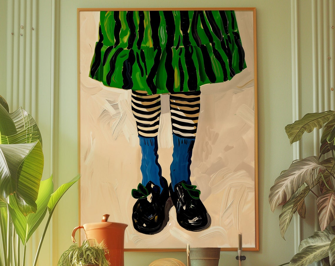 Whimsical Striped Socks Poster with Green Skirt and Shiny Shoes