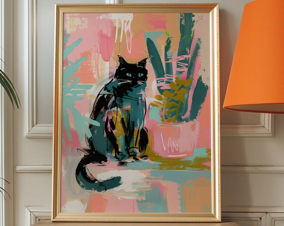 Black Cat in Abstract Expressionist Pink and Teal Modern Art Poster
