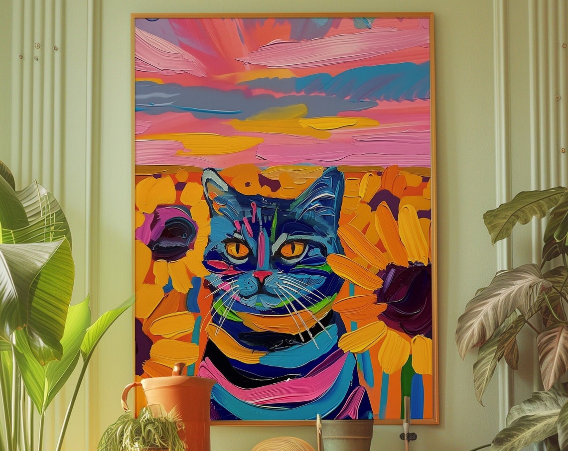 Psychedelic Blue Cat Portrait Trippy Sunset Sunflower Wall Art